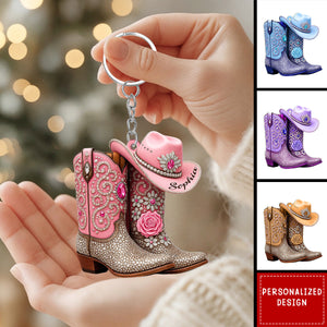 Personalized Cowgirl Boots & Hat Keychain β Custom Name Gift For Girls