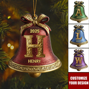Custom Gold Bell Initial For Family, Merry Christmas - Personalized Ornament