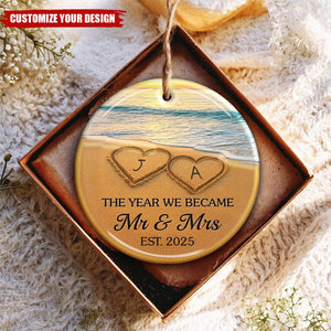 Our Happily Ever After, Set In Sand - Personalized Anniversary Christmas Wedding Ornament
