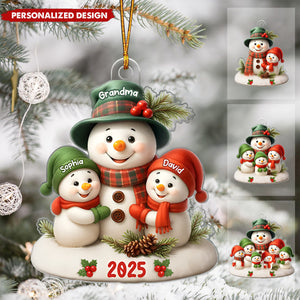 Snowman Grandma Hugging Grandkids Personalized Acrylic Ornament