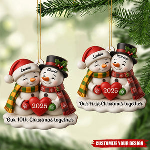 Our Christmas Together, Snowmen With Hearts and Holly, Personalized Wood Ornament