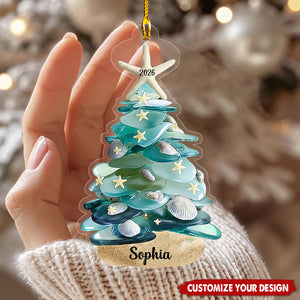 Personalized Sea Glass Christmas Tree Ornament, Custom Name Coastal Ornament