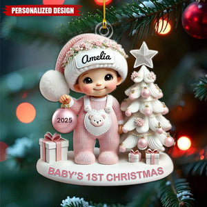 Cute Baby Standing Beside Christmas Tree 3D Effect Baby's First Christmas Personalized Ornament