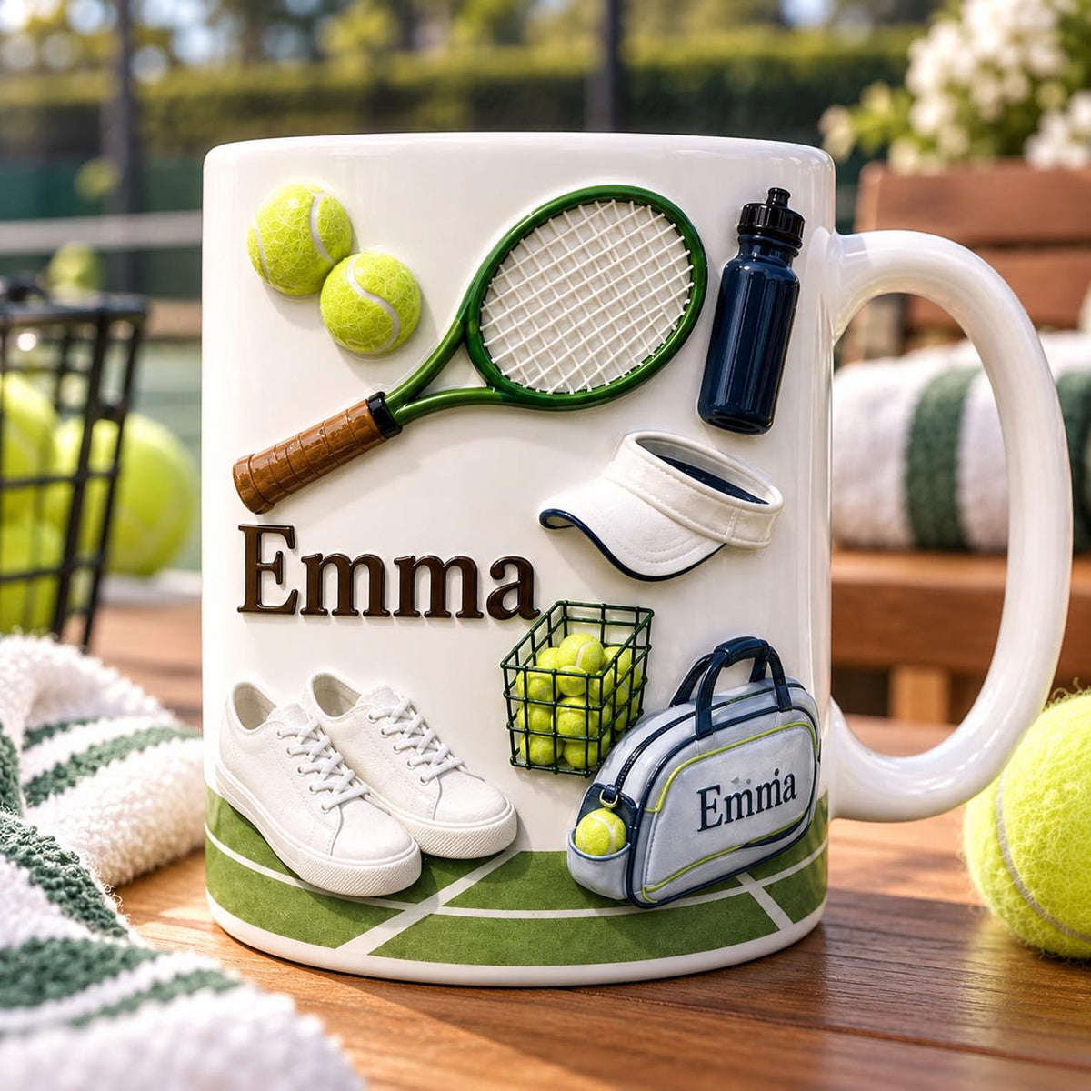 Personalized Tennis Racket Name Court Mug, Green Ball Visor Coffee Mug