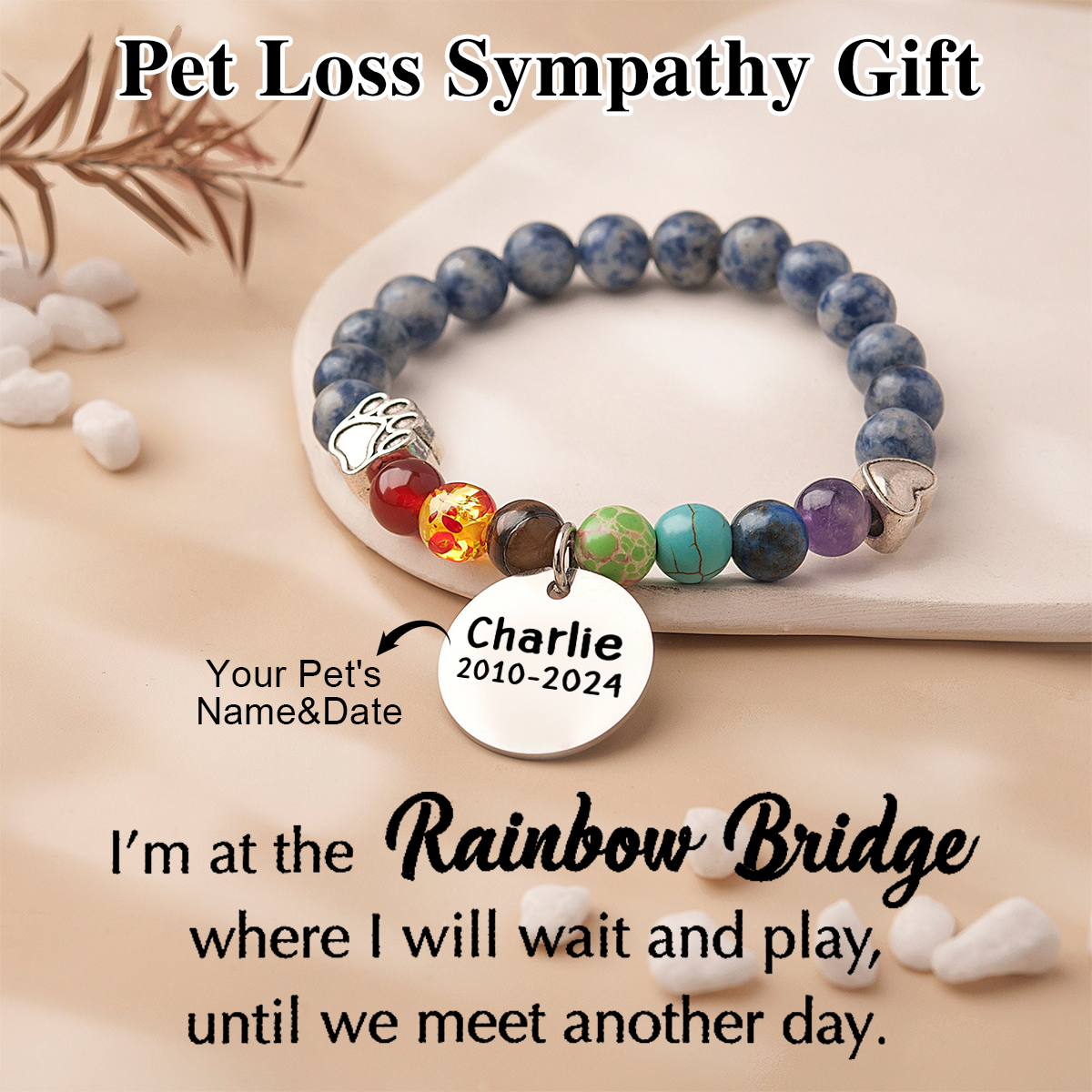 Personalized Pet Charm Bracelet Rainbow Bridge Memorial Bracelet - Pet Loss Sympathy Gift