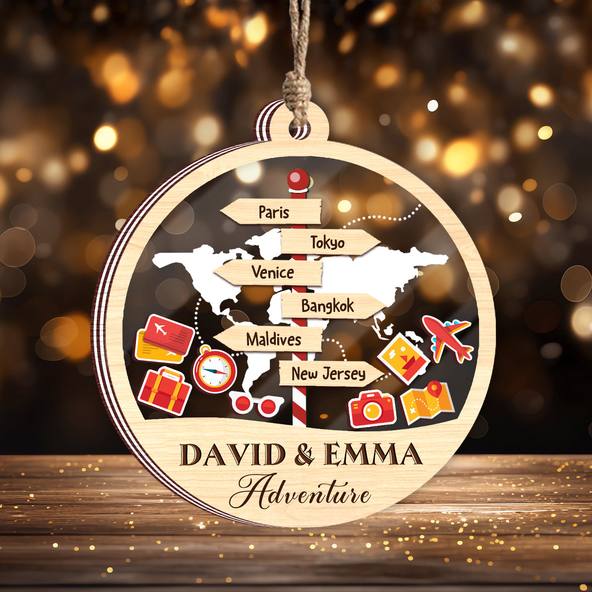 Personalized Travel Adventure Ornament, Christmas Gift for Travelers