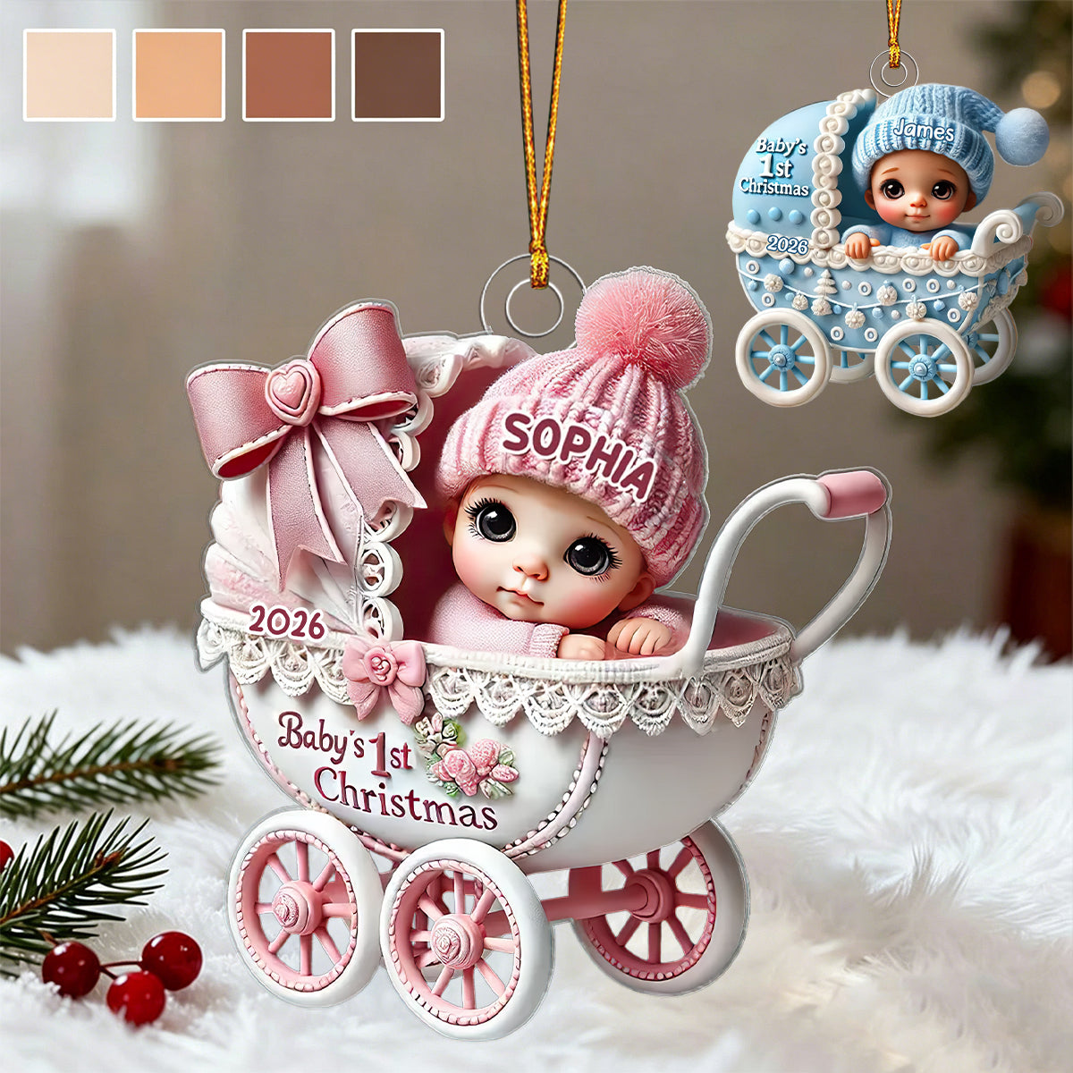 3D Effect Newborn Baby In Carriage Christmas Personalized Ornament