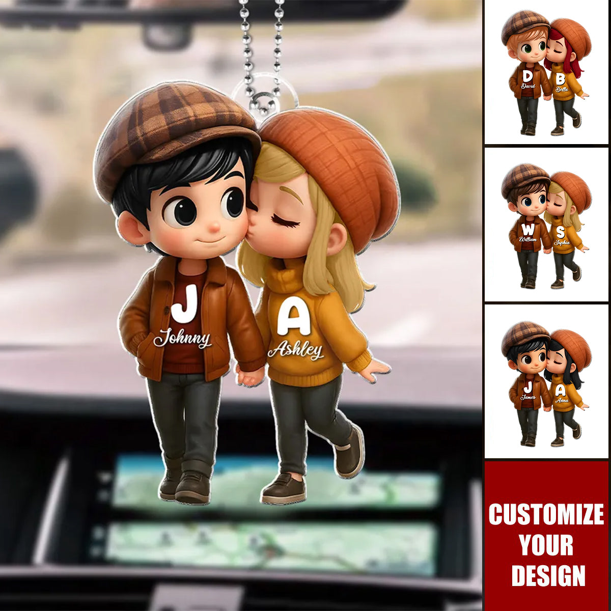 Fall Season 3D Effect Cute Cartoon Couple Walking Personalized Car Ornament