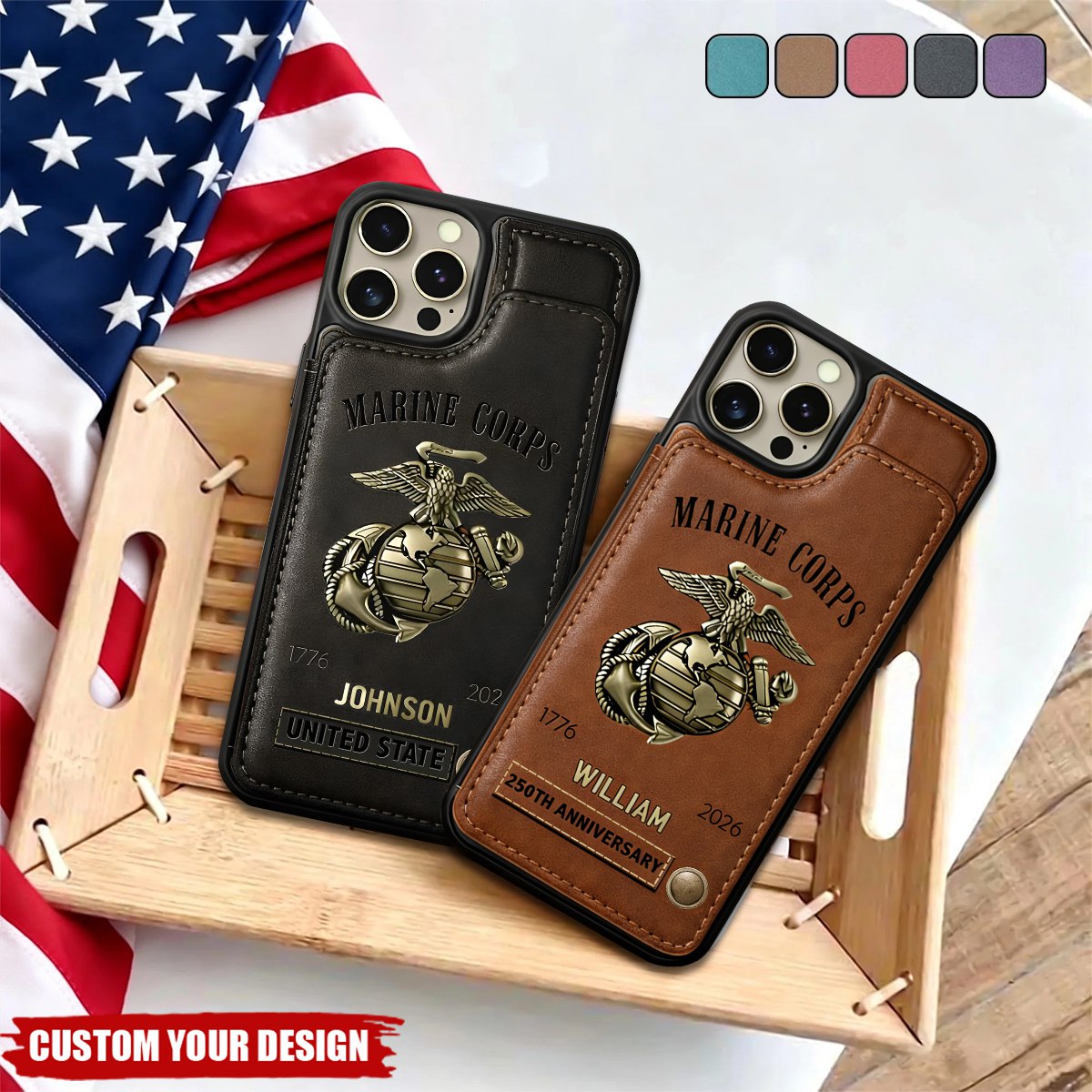 Custom US Marine Corps Leather Wallet Phone Case, 250th Anniversary Gift