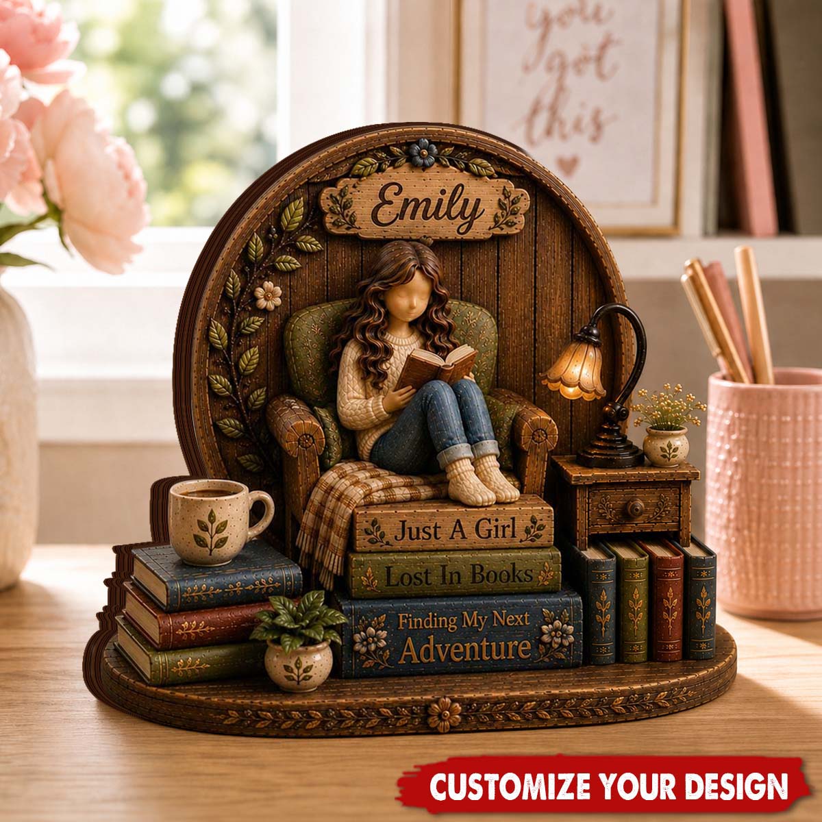 Personalized Wooden Book Lover Block, Just A Girl Who Loves Books Wooden Figurine