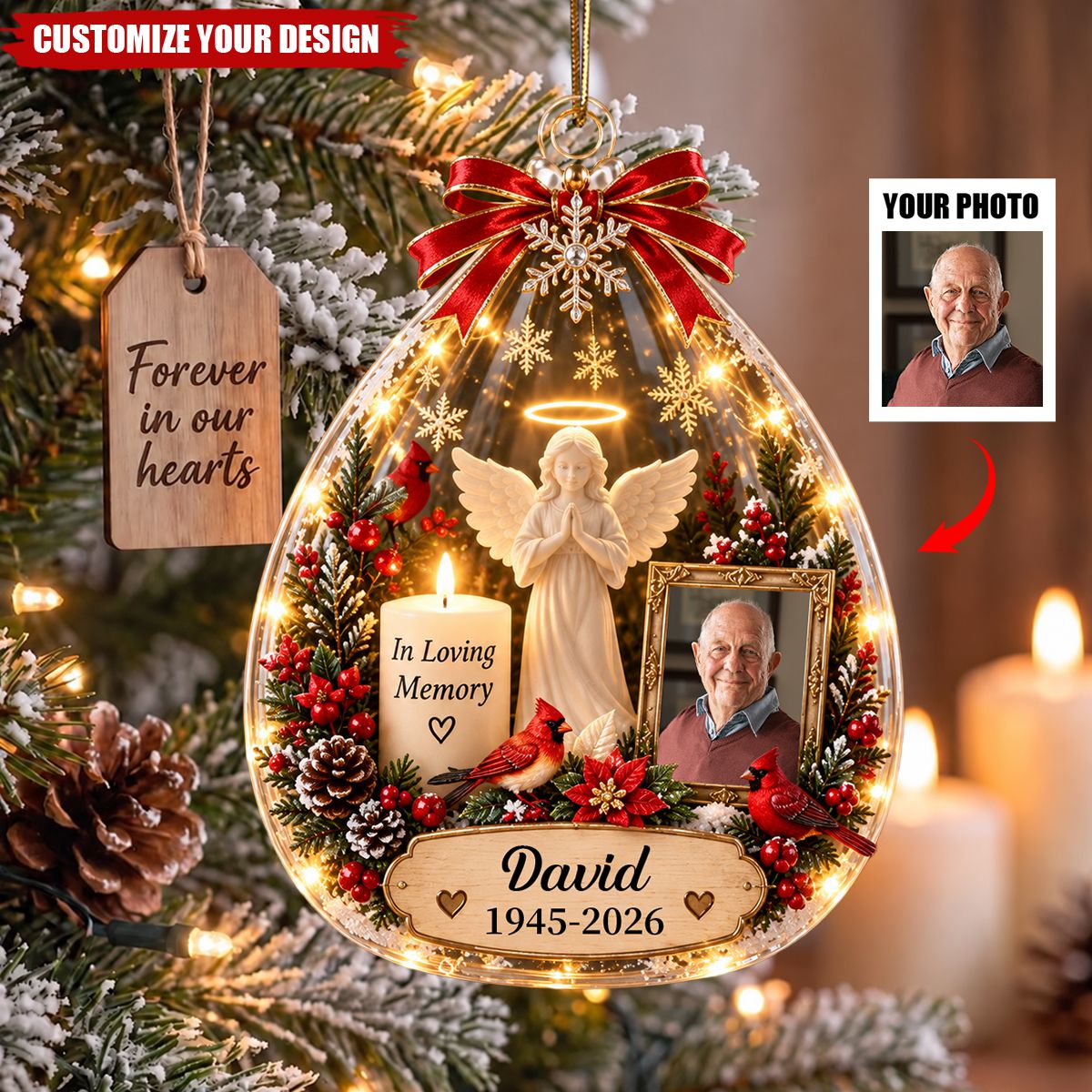 Personalized Memorial Ornament with Photo, Custom Name Angel Christmas Ornament