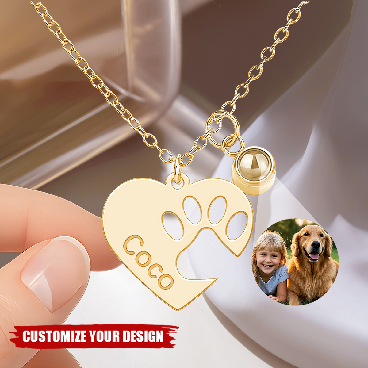 Personalized Paw Name Projection Necklace with Heart, Projection Photo Necklace