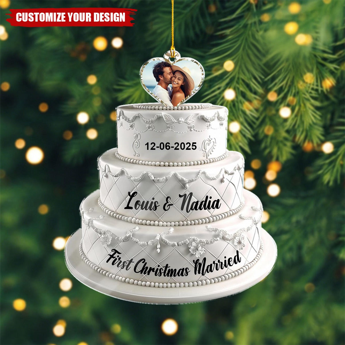 Personalized Wedding Cake Ornament, First Christmas Married Gift