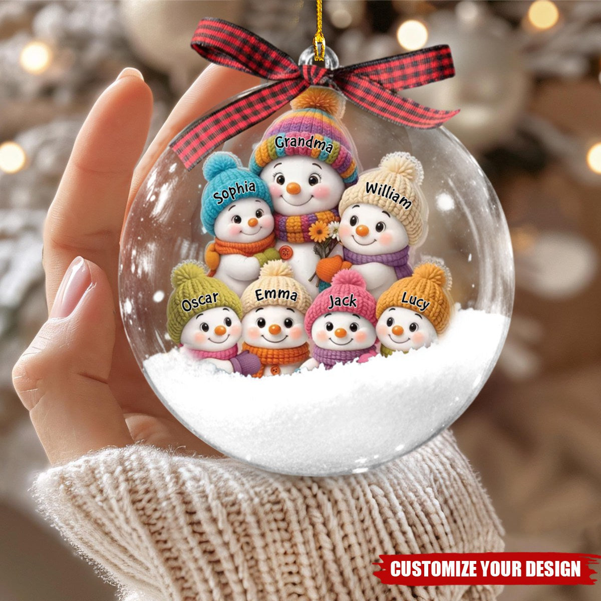 Snowman Grandma and Grandkids Personalized Snow Globe Ornament