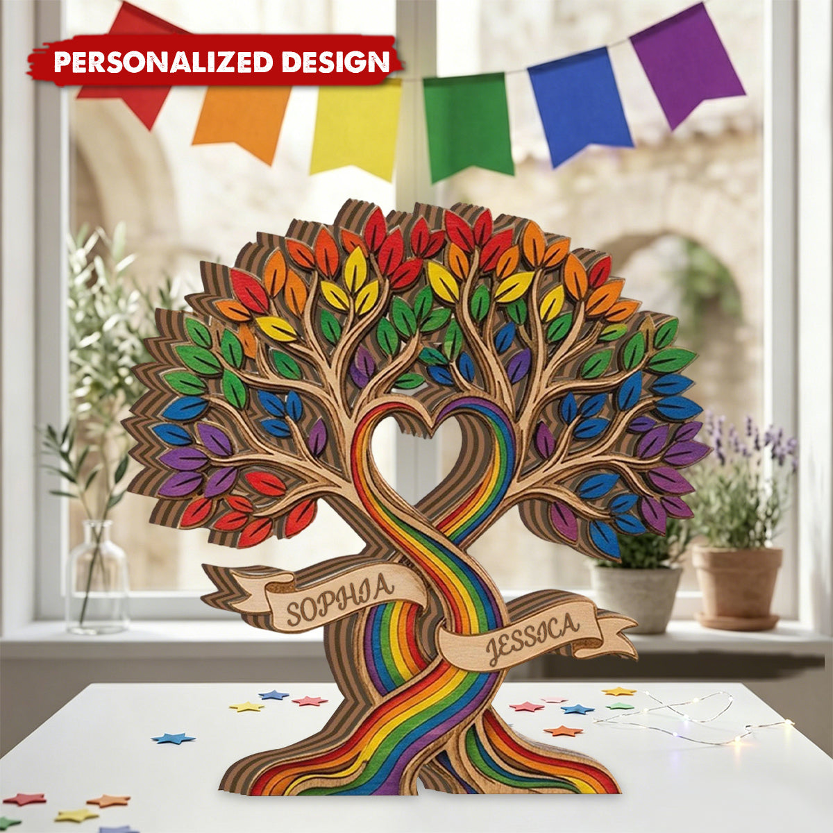 Custom Pride Tree Wooden Plaque, LGBTQ Rainbow Heart Gift