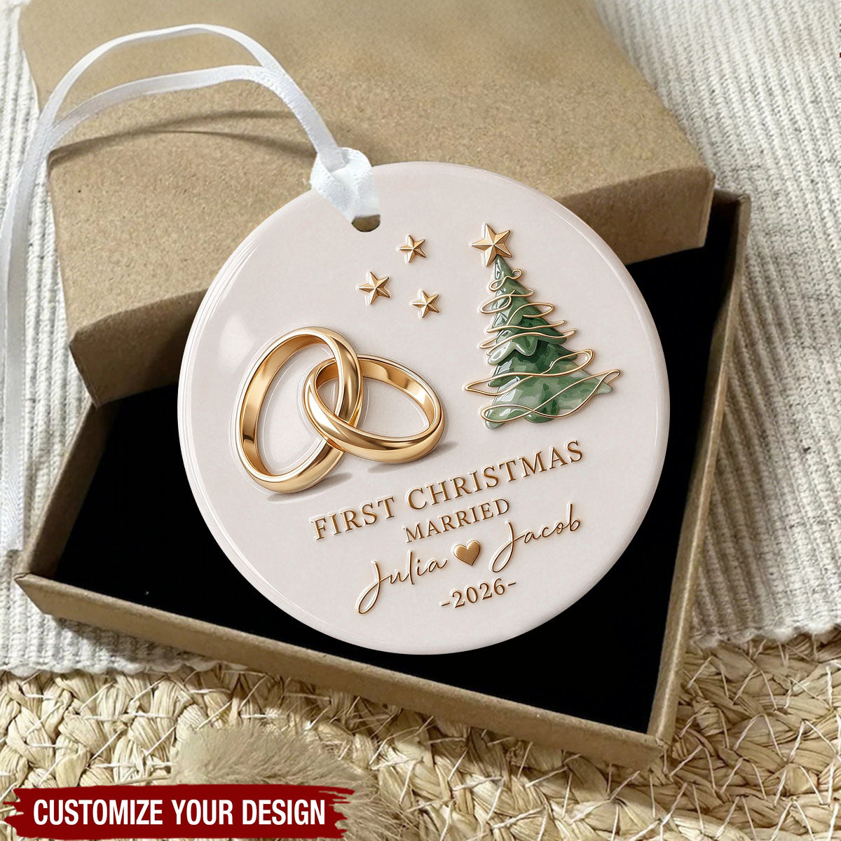 Personalized First Christmas Married Wedding Rings Ceramic Ornament
