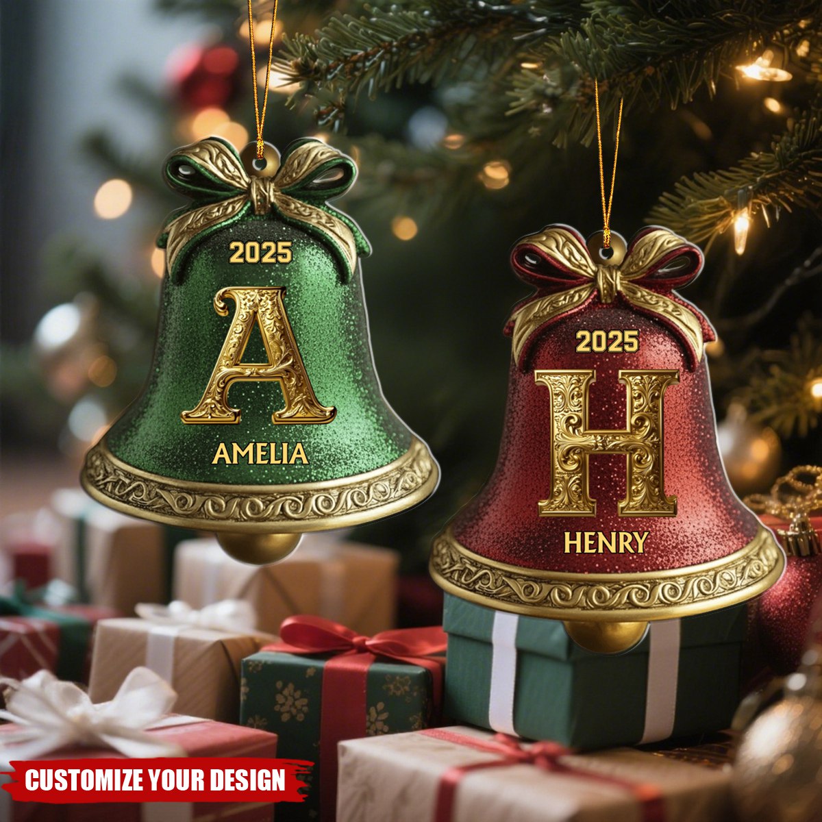 Custom Gold Bell Initial For Family, Merry Christmas - Personalized Ornament