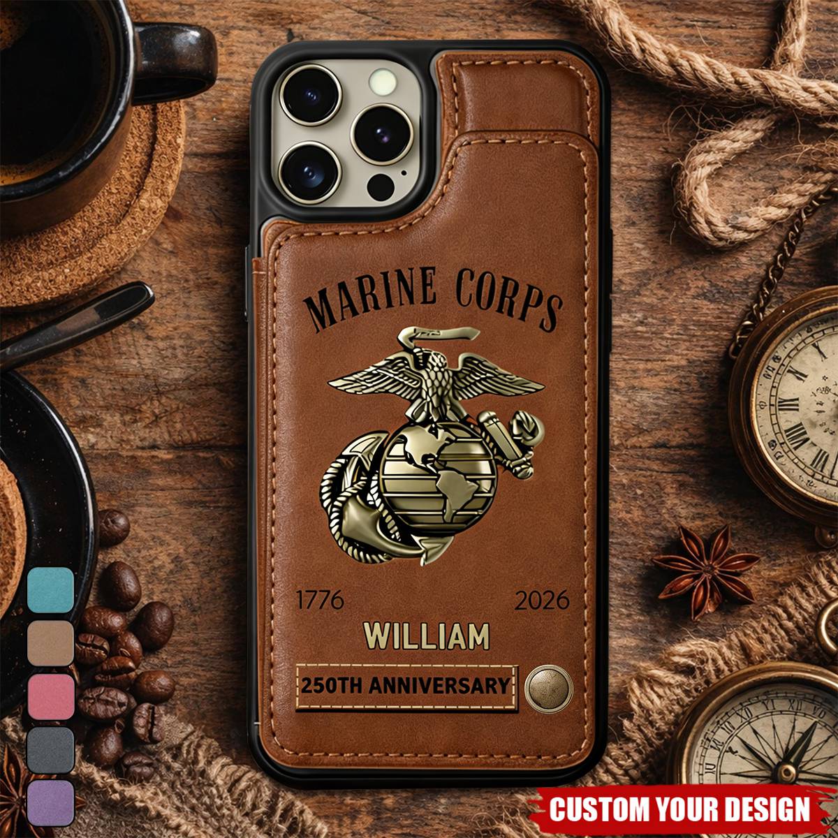 Custom US Marine Corps Leather Wallet Phone Case, 250th Anniversary Gift