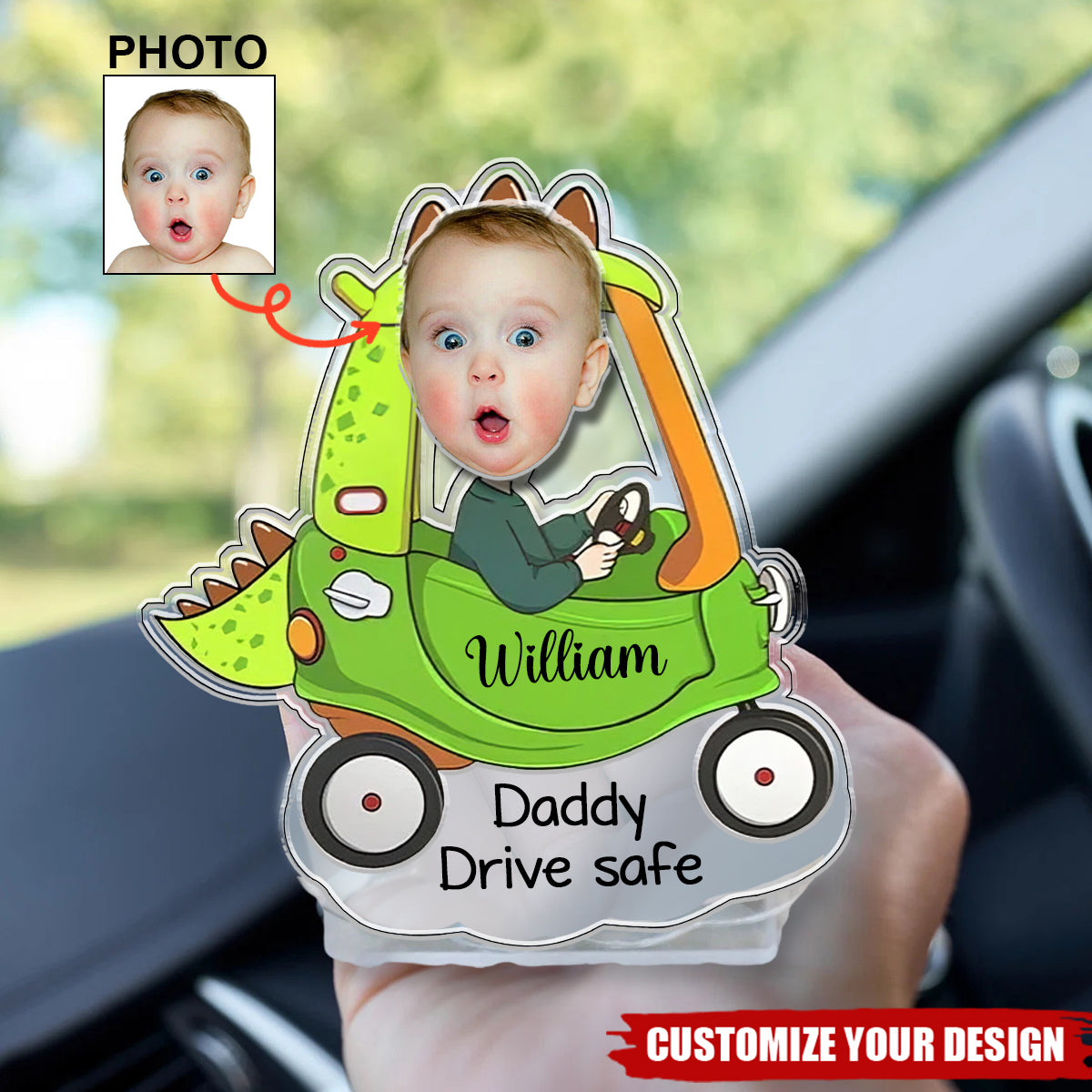 Kids Face Bobblehead Gift for Dad-Personalized Car Accessories, Drive Safe Daddy