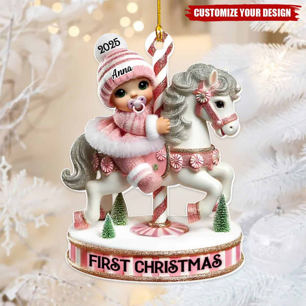 Baby's First Christmas Cute Baby On Carousel Horse Personalized Acrylic Ornament, New Parents Keepsake