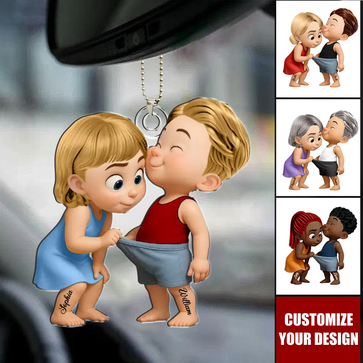 Funny Cartoon Couple Personalized Acrylic Car Hanger Ornament, Anniversary Gift