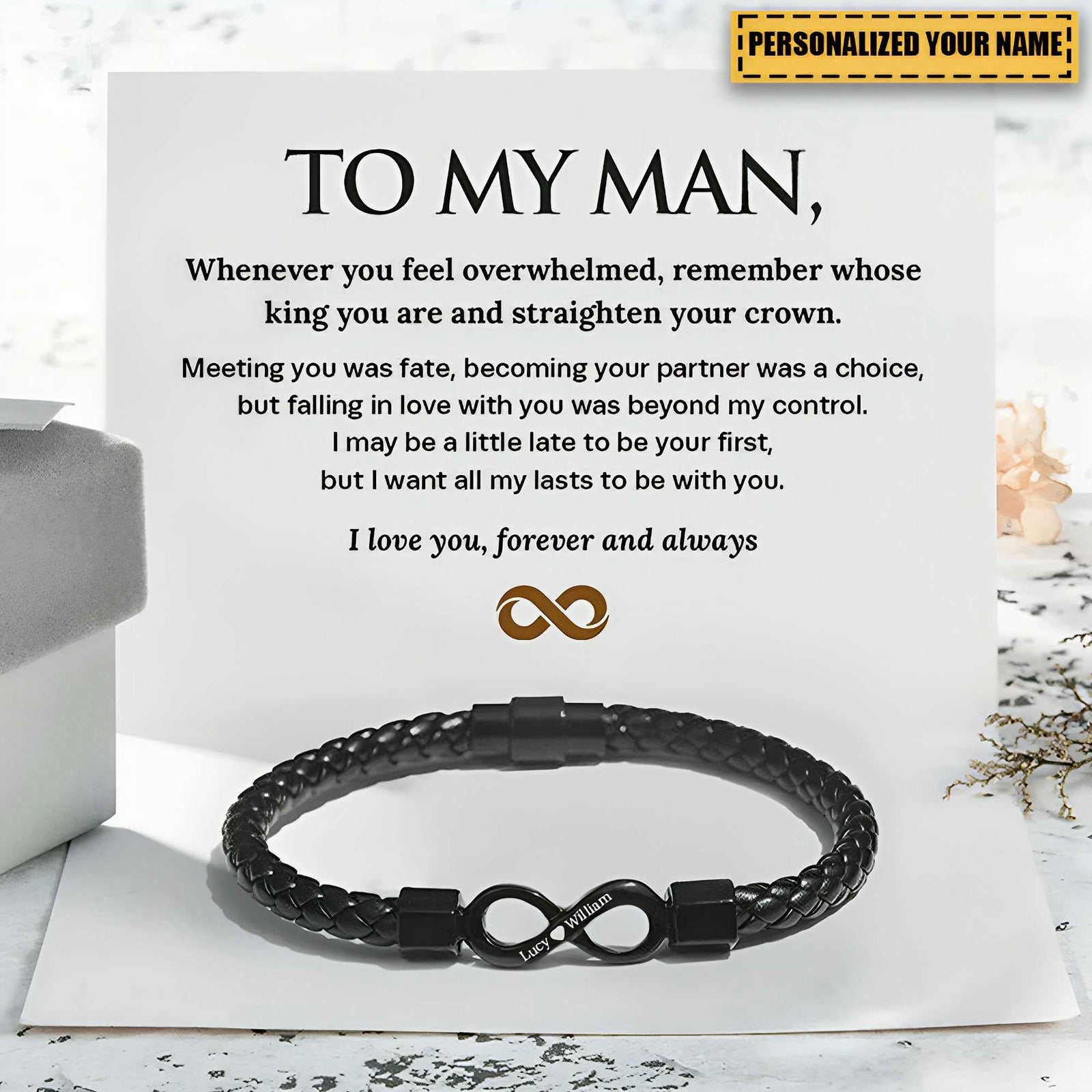To My Man, Personalized Dual Name Infinity Leather Bracelet