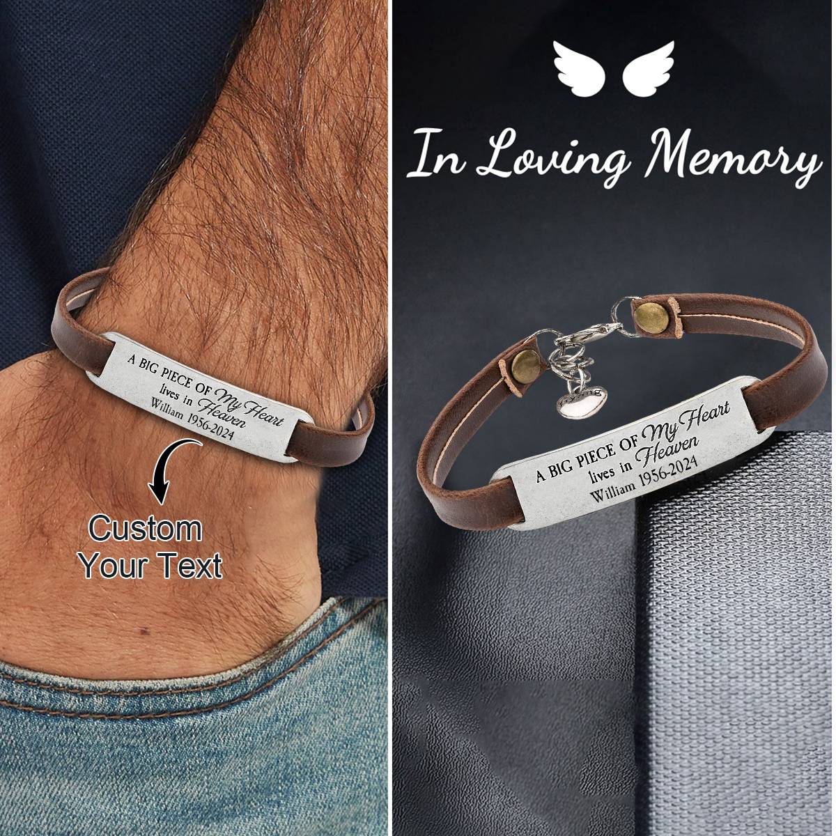 Personalized Engraved Memorial Text Personalized Leather Bracelet