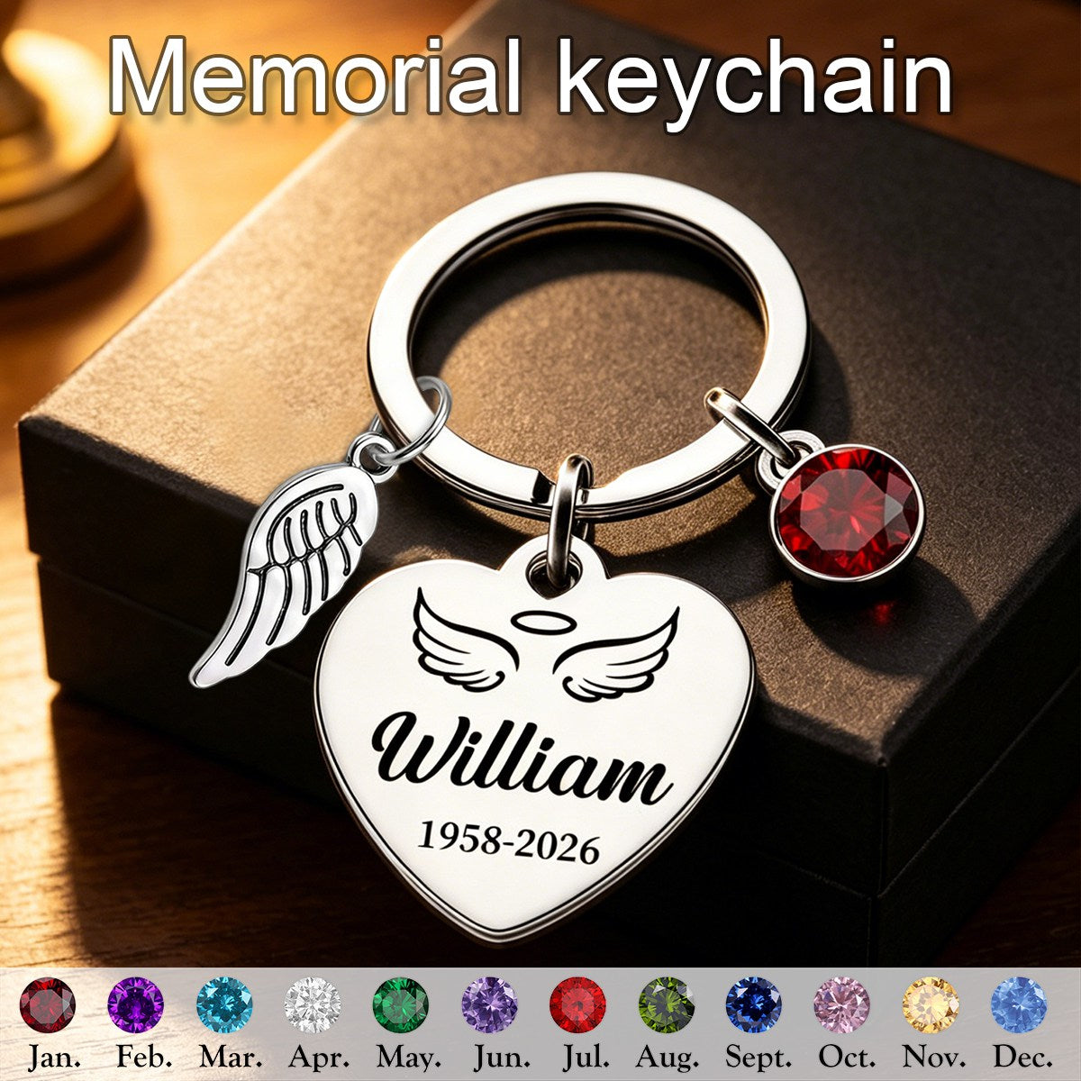 Always In My Heart, Personalized Wings Birthstone Memorial Keychain
