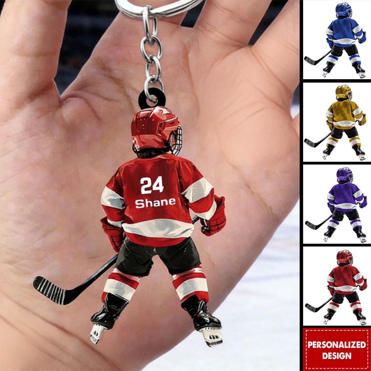 Personalized Custom Name Number Mini Hockey Player Keychain