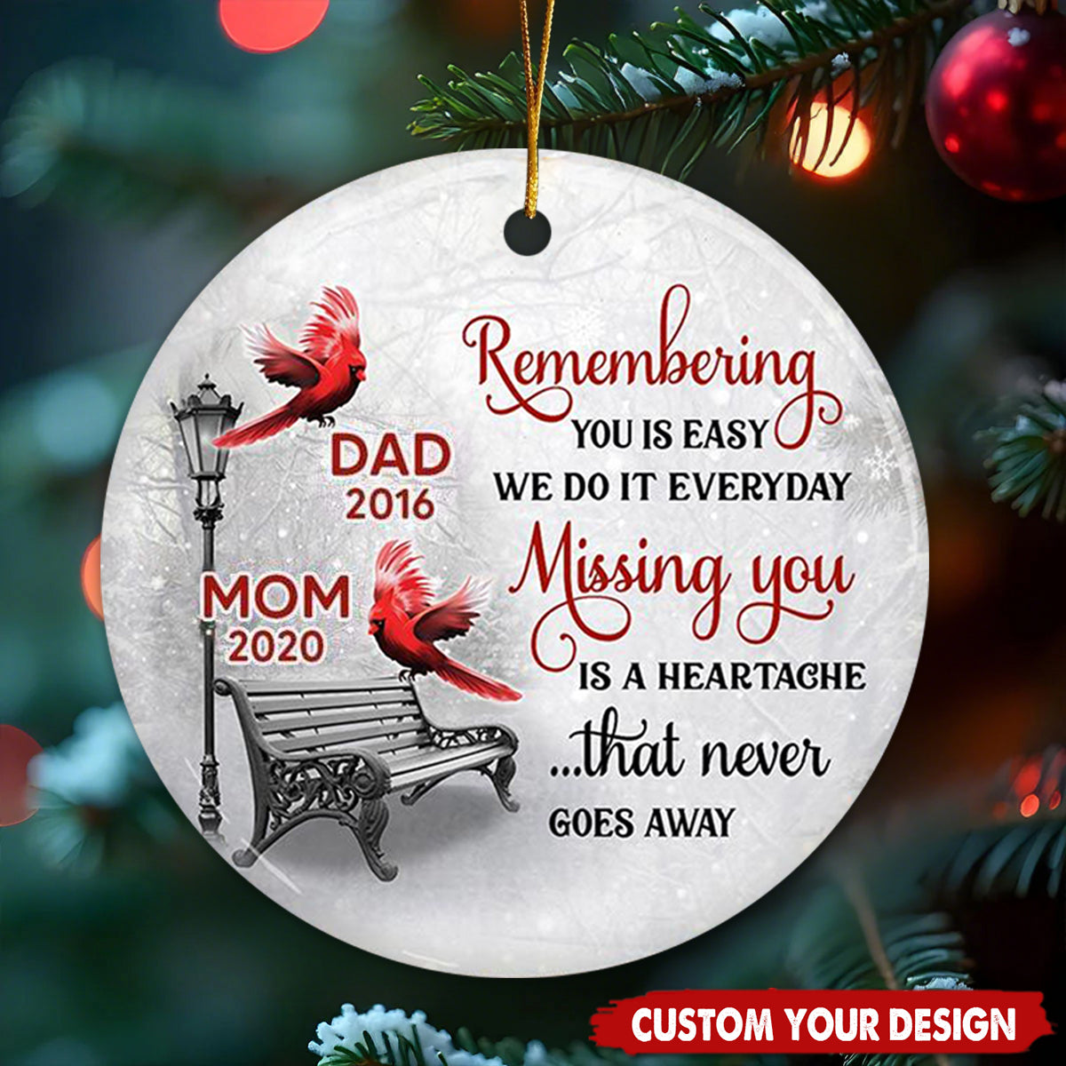 Cardinals Winter Memorial Personalized Circle Ornament (Porcelain)