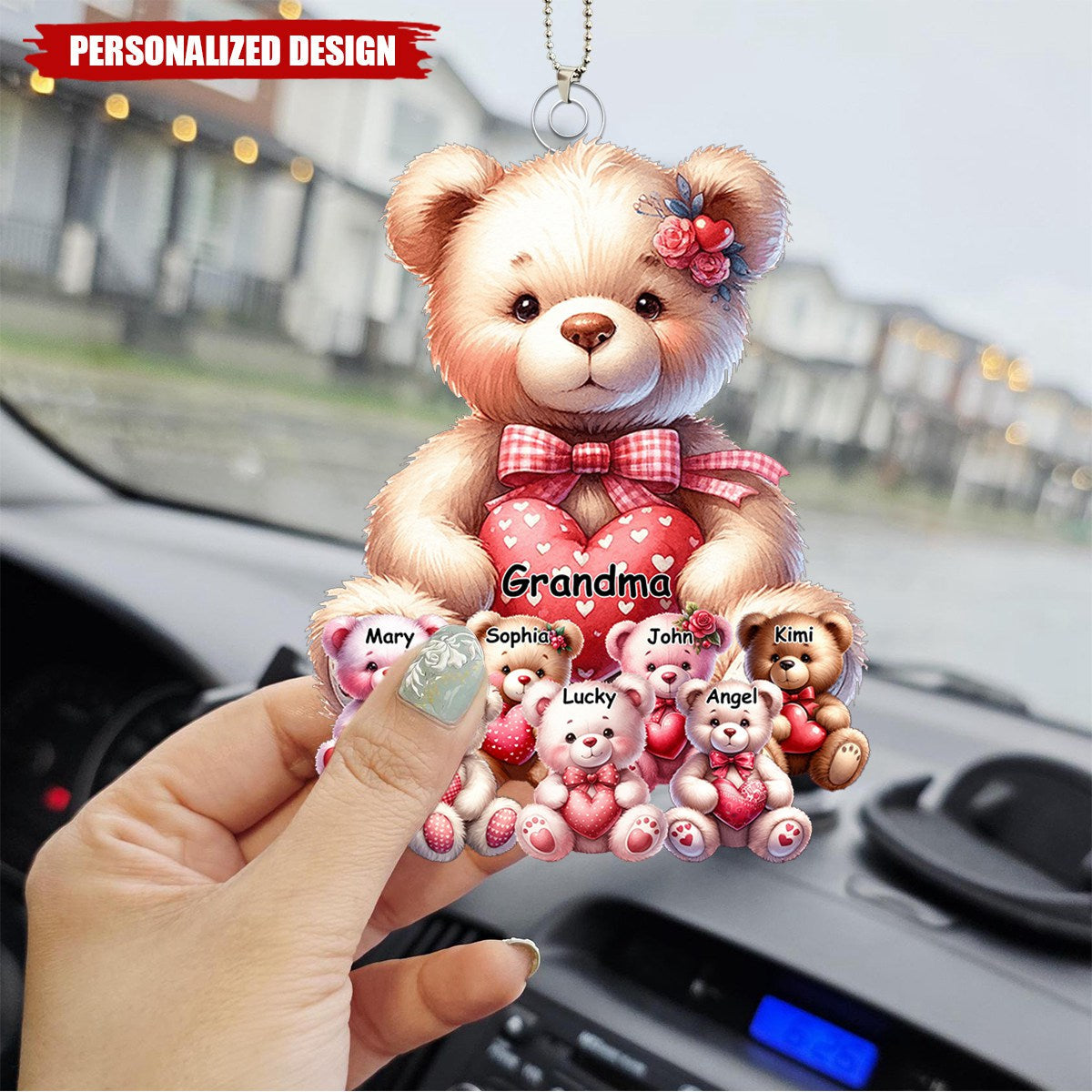 Personalized Teddy Bear Acrylic Car Ornament, Custom Name Family Gifts