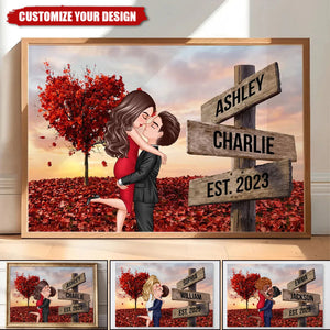 Personalized Couple Hugging Kissing Sign Post Poster, Heartfelt Gift For Couple