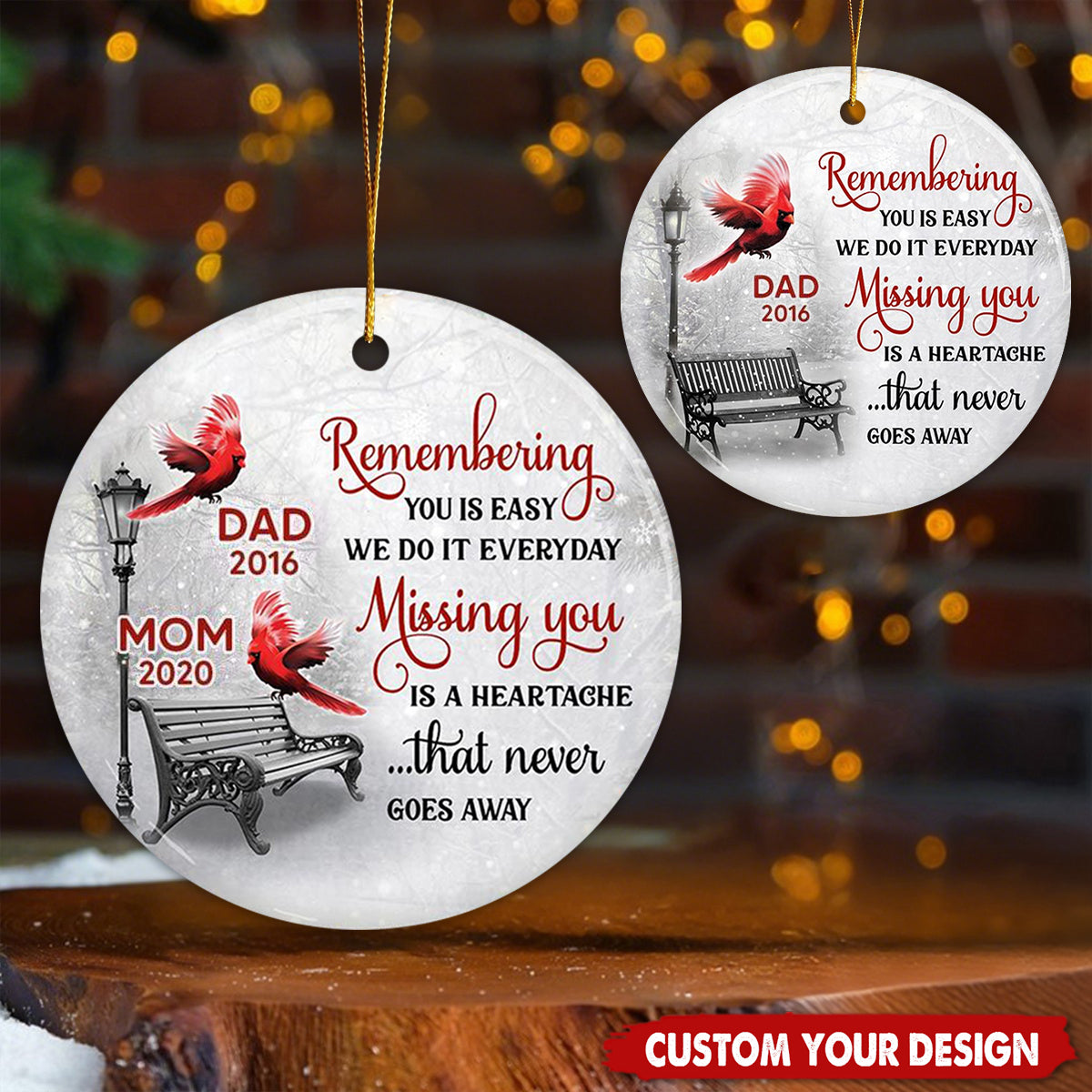 Cardinals Winter Memorial Personalized Circle Ornament (Porcelain)