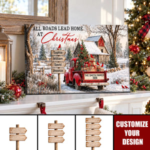 All Roads Lead Home at Christmas Rustic Farmhouse - Personalized Family Name Canvas