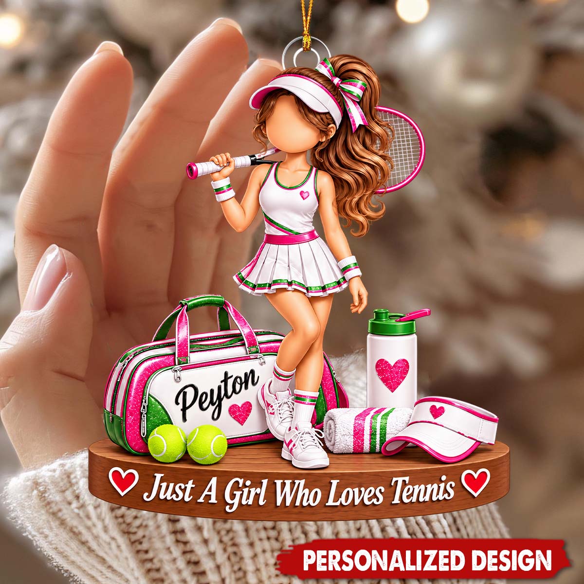 Personalized Tennis Girl Ornament, Custom Name Tennis Player Christmas Gift