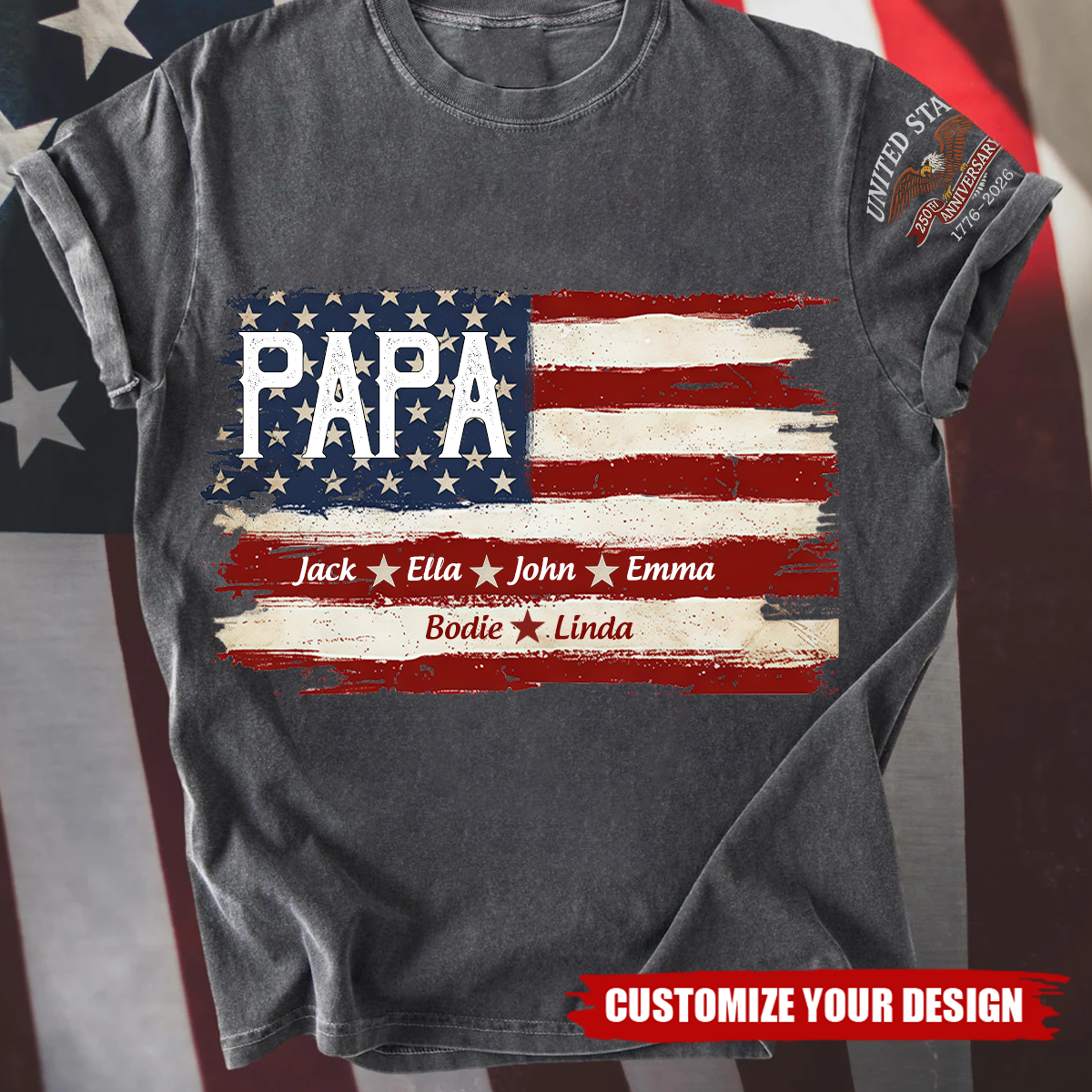 Personalized Papa American Flag Shirt with Kids Names