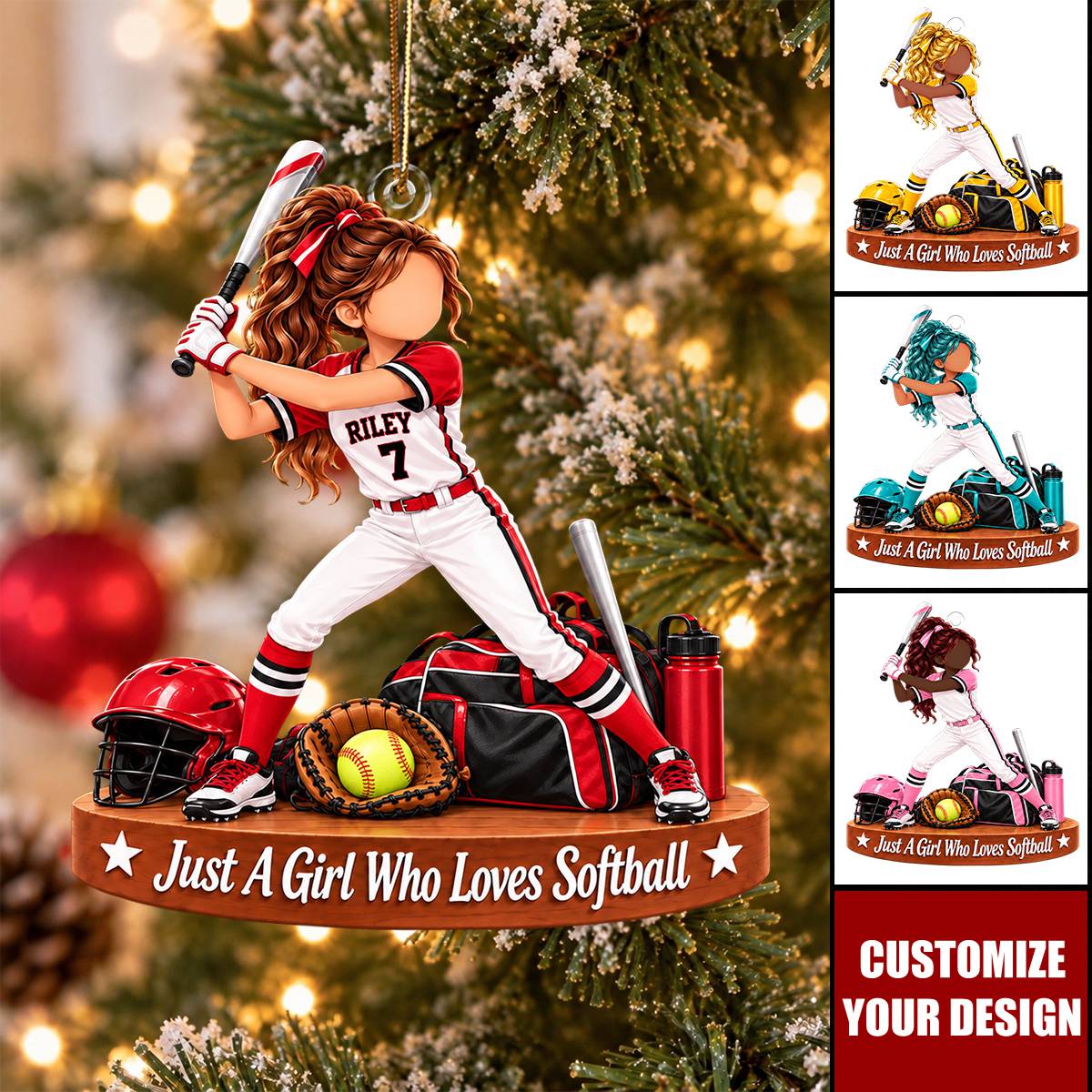 Personalized Softball Girl Ornament, Custom Name Player Christmas Gift