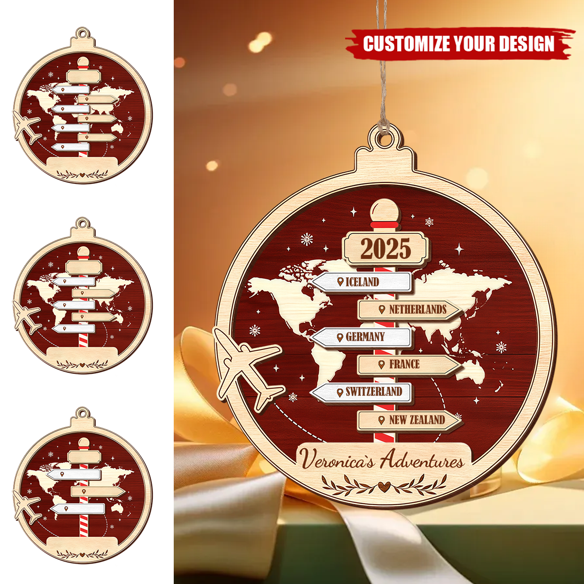 Personalized Travel Adventure Ornament, Custom Traveling Destination Ornament Gift