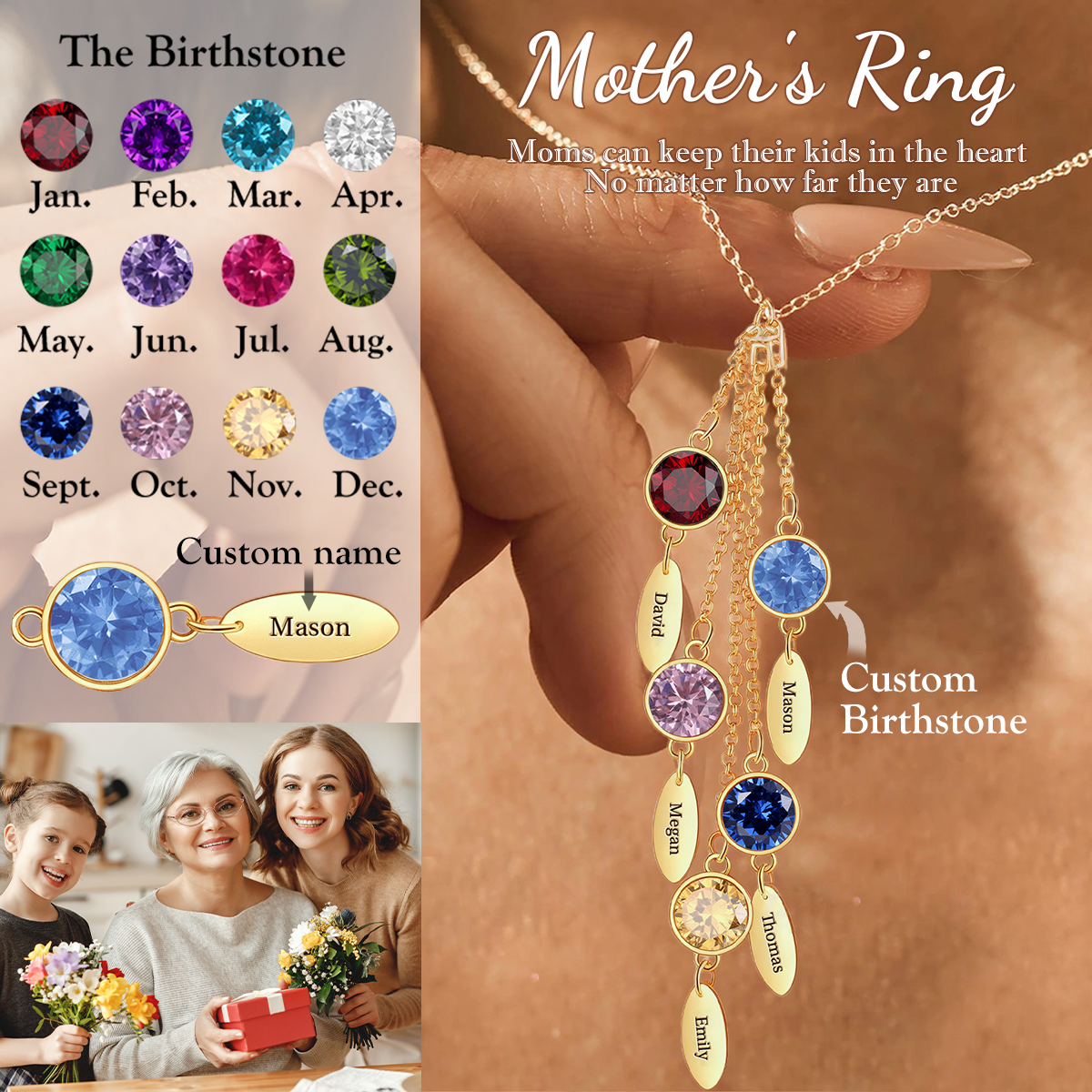 Personalized Custom Name Birthstone Leaves Tassel Necklace, Gift For Mom