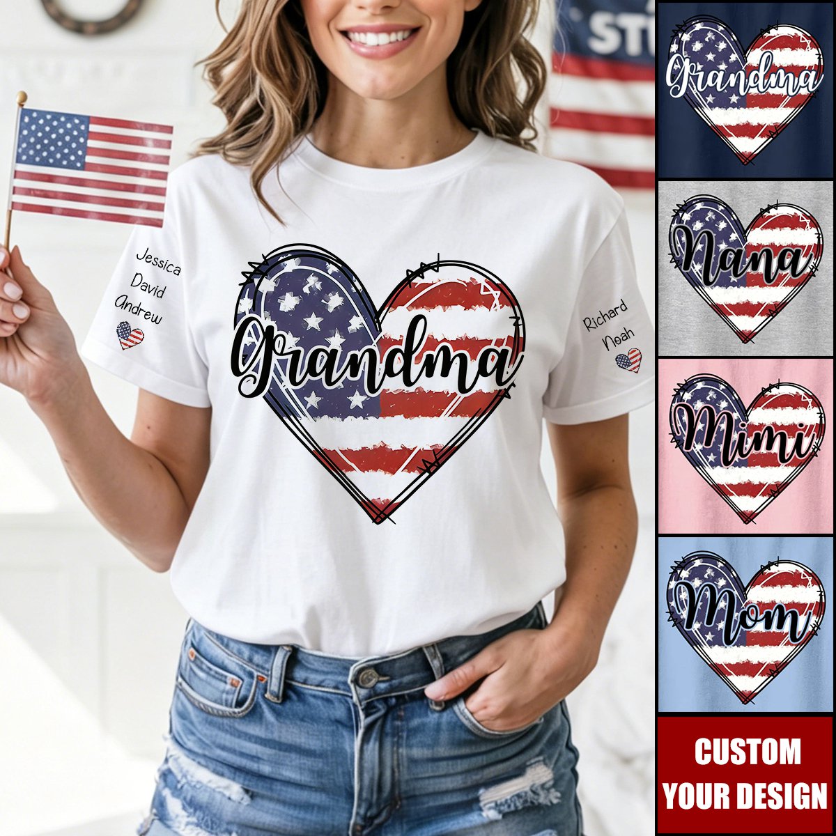 Personalized American Flag Heart T-Shirt, 4th of July Grandma Gift