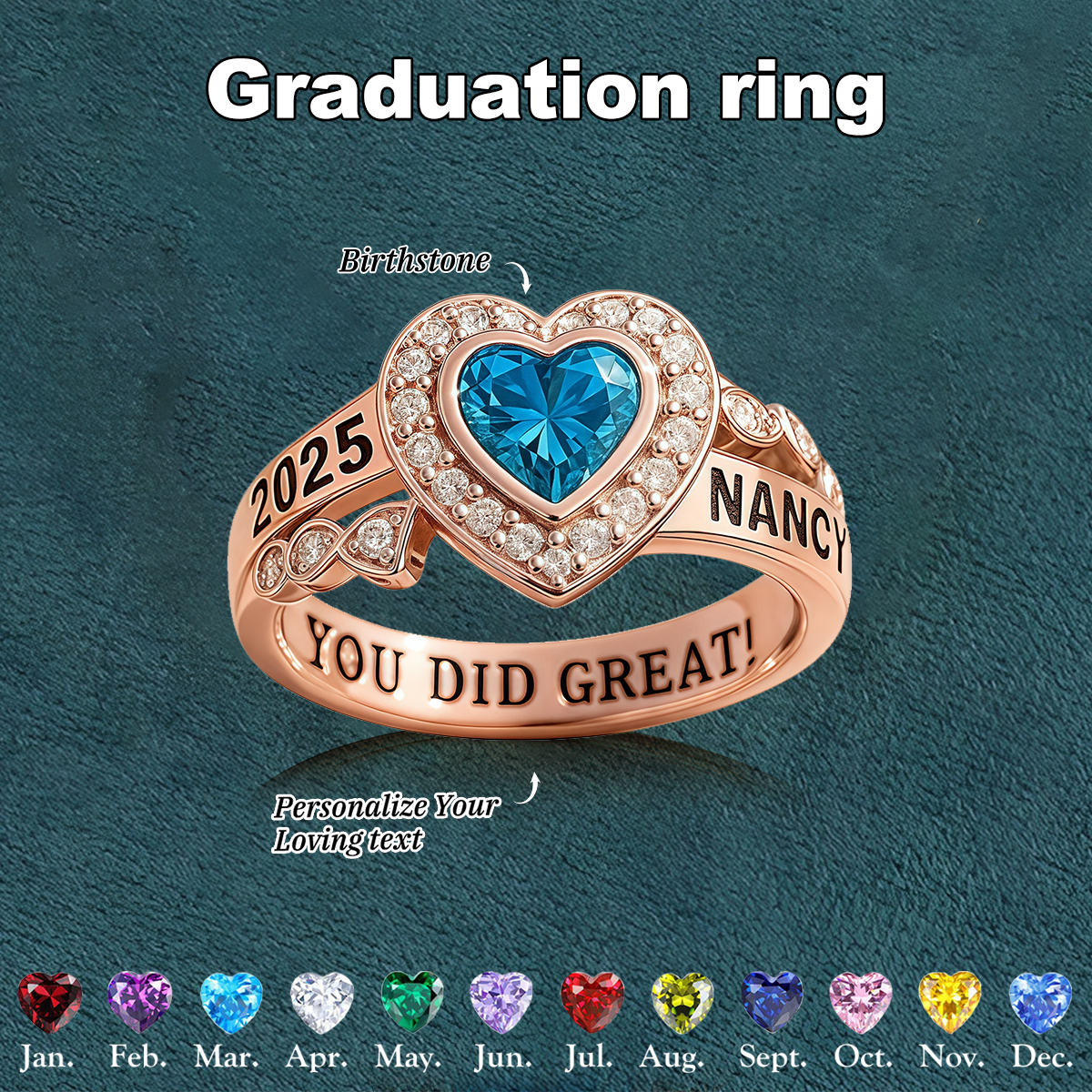 You Did Great,Personalized Engraved Birthstone Graduation Ring