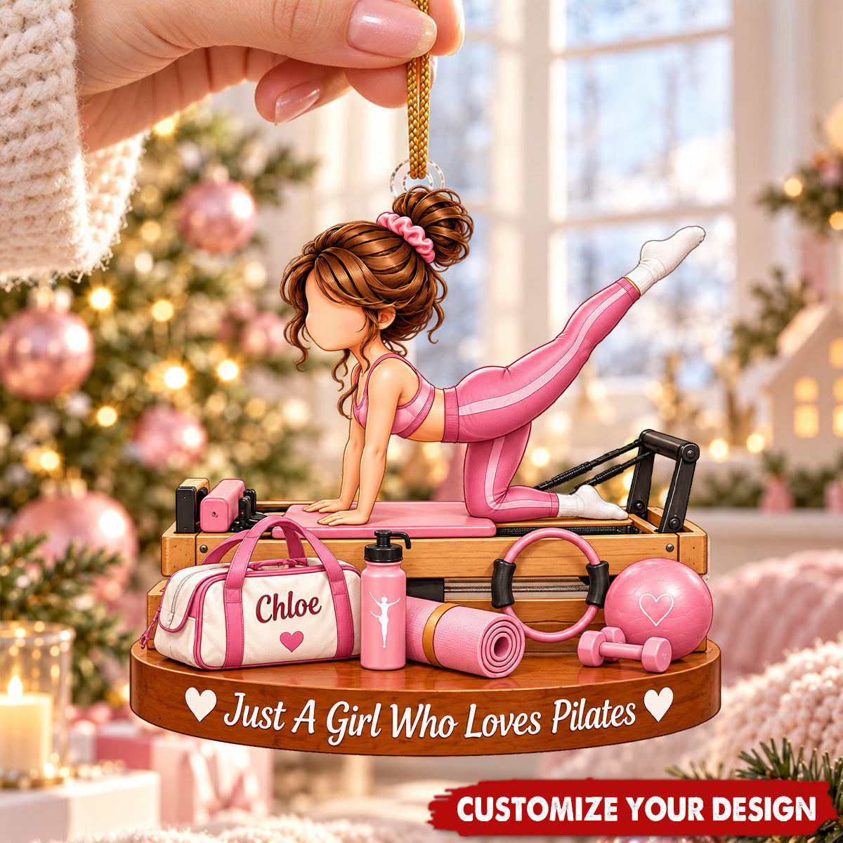 Personalized Pilates Ornament, Custom Name Pilates Girl Christmas Ornament