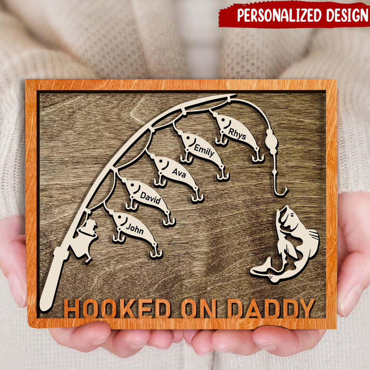 Hooked on Papa, Grandpa - Personalized 2-Layered Wooden Plaque With Stand