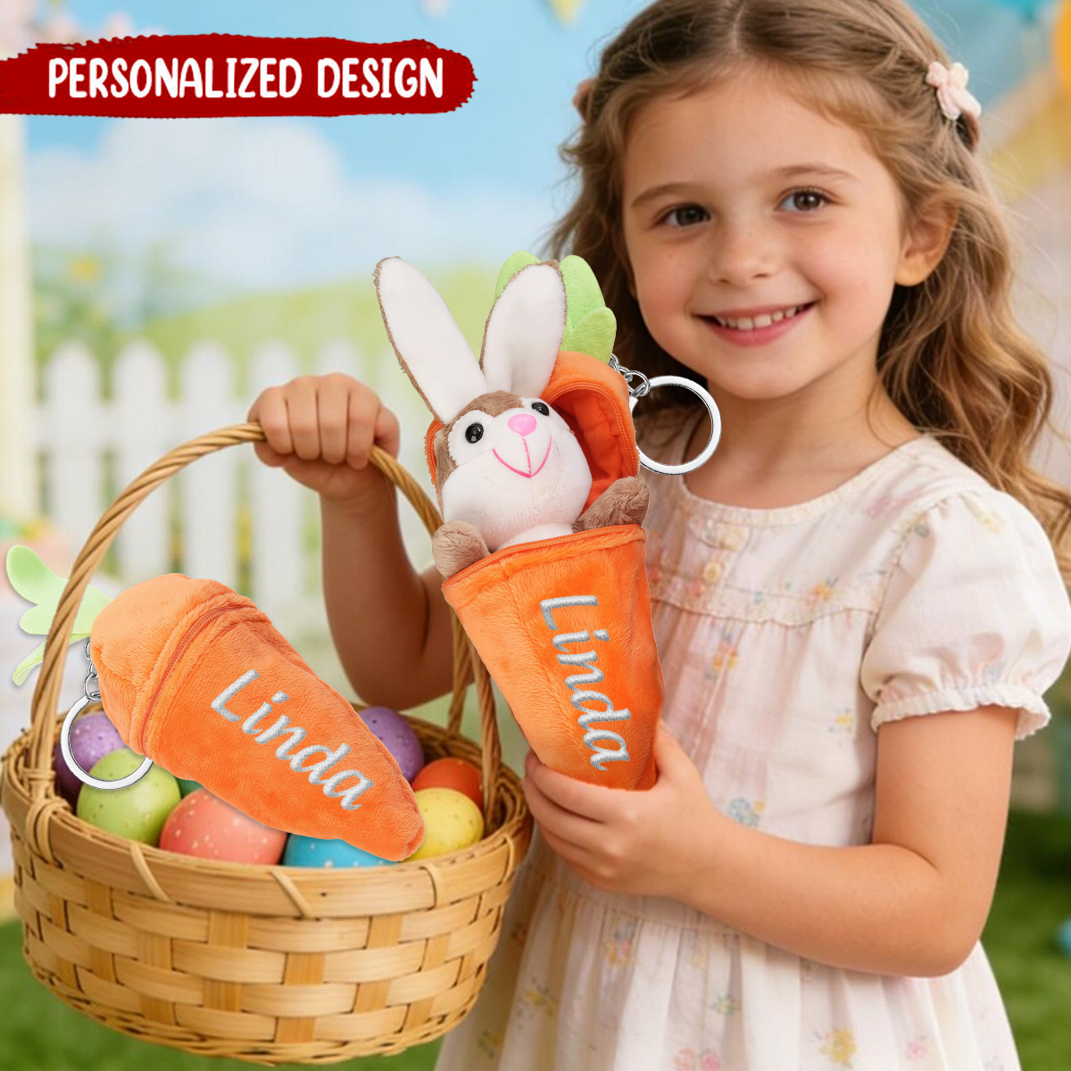Personalized Embroidered Plush Carrot Keychain Within Bunny Rabbit
