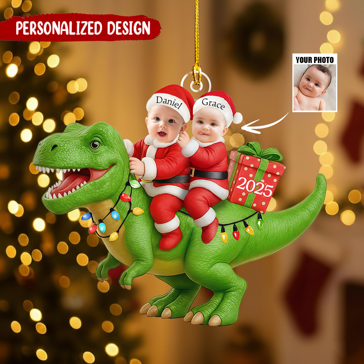 Personalized Dinosaur Christmas Ornament 2025, Custom Kids Photo Ornament