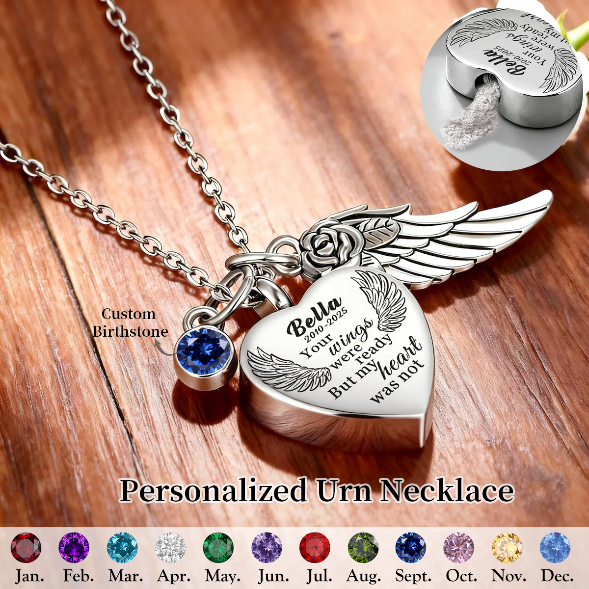 Personalized Urn Necklace for Ashes with Birthstone