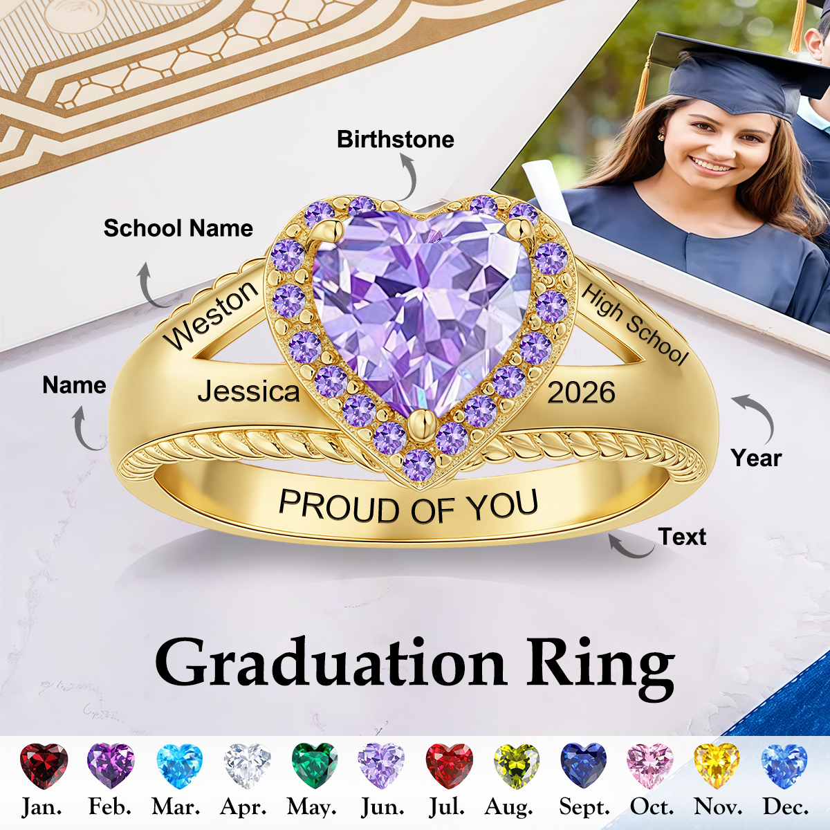 Personalized Engraved Heart-Shaped Birthstone Graduation Ring