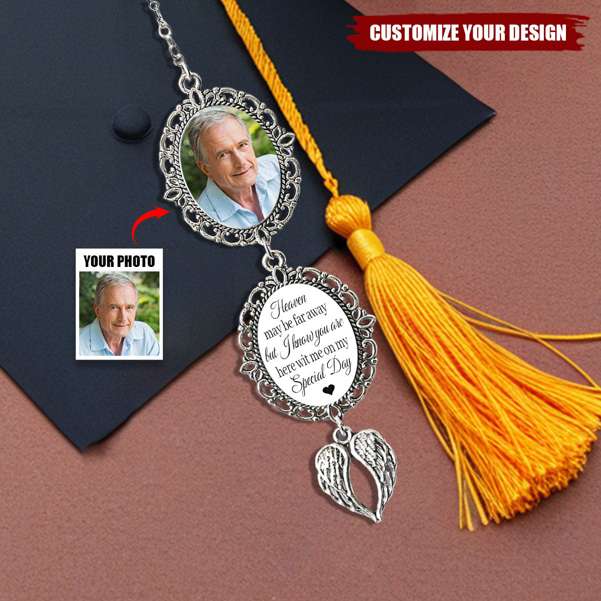 Heaven May Be Far Away - Custom Graduation Tassel Photo Charm