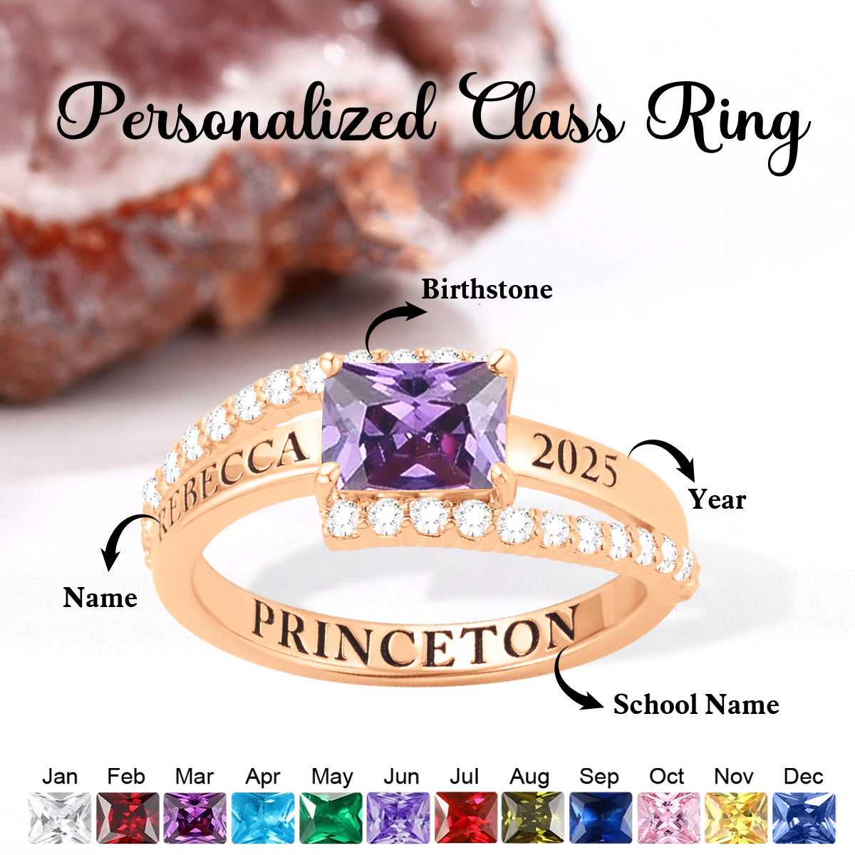 Personalized High School College University Engraved Birthstone Class Ring