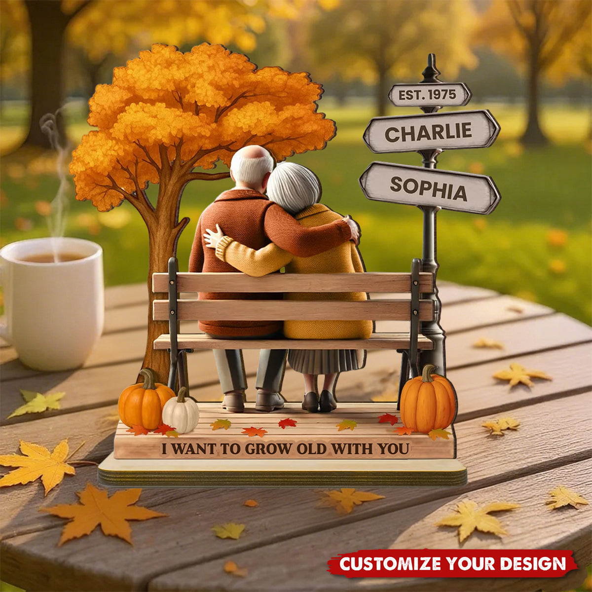 Custom Old Couple Fall Season Park, Romantic Personalized Standing Wooden Plaque